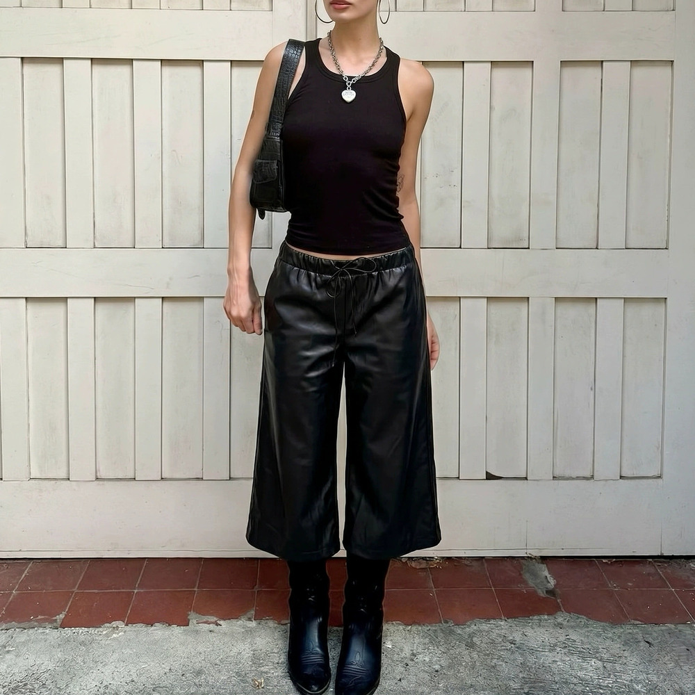 Zara Dark Techwear Drawstring Leather Loose Wide Leg Culottes Streetwear